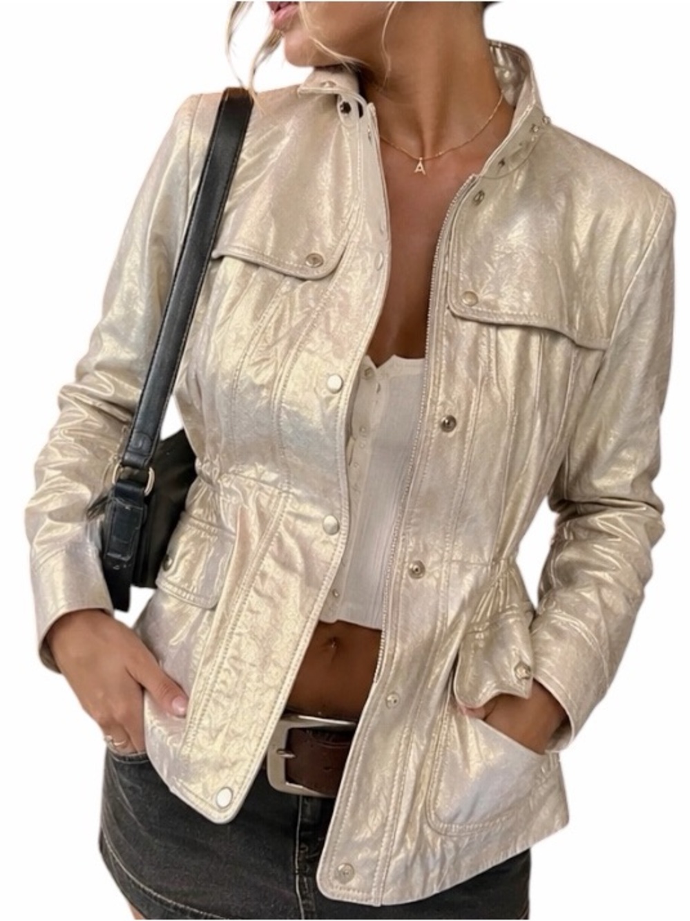 GUESS Y2K Metallic Pearl Ivory Leather Moto Jacket Drawstring Large